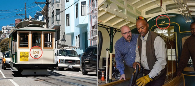 Two images. One shows a cable car traveling down a busy neighborhood street, with the number “26” circled on the front end. The second image shows three men, including the grip, inside the cable car. The number “26” is circled in red above the compartment doorway.