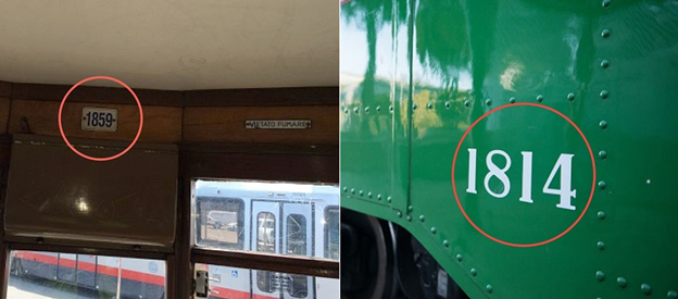 Two images. One shows the interior wall of a Muni historic streetcar, with the number “1859” circled in red above the window on the end of the streetcar. The second image shows a close-up of the side of a green historic streetcar, with the white numbers “1814” circled in red.
