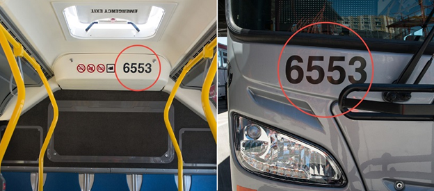 Two images. One shows the rear interior of a Muni bus with yellow poles and blue seats. Above the seats, a four digit bus number "6553" is circled in red. The second image shows the front of the bus. Above the headlight, the number “6553” is also circled in red.