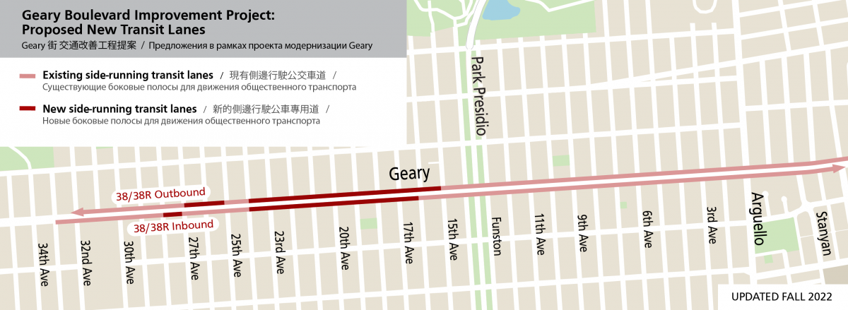 Map of the Richmond showing proposed transit and safety improvements on Geary Boulevard:  •	Existing side-running transit lanes are shown from 33rd Avenue to 28th Avenue, and from 15th Avenue to east of Stanyan.  •	New side-running transit lanes are being proposed between 28th Avenue and 15th Avenue. 