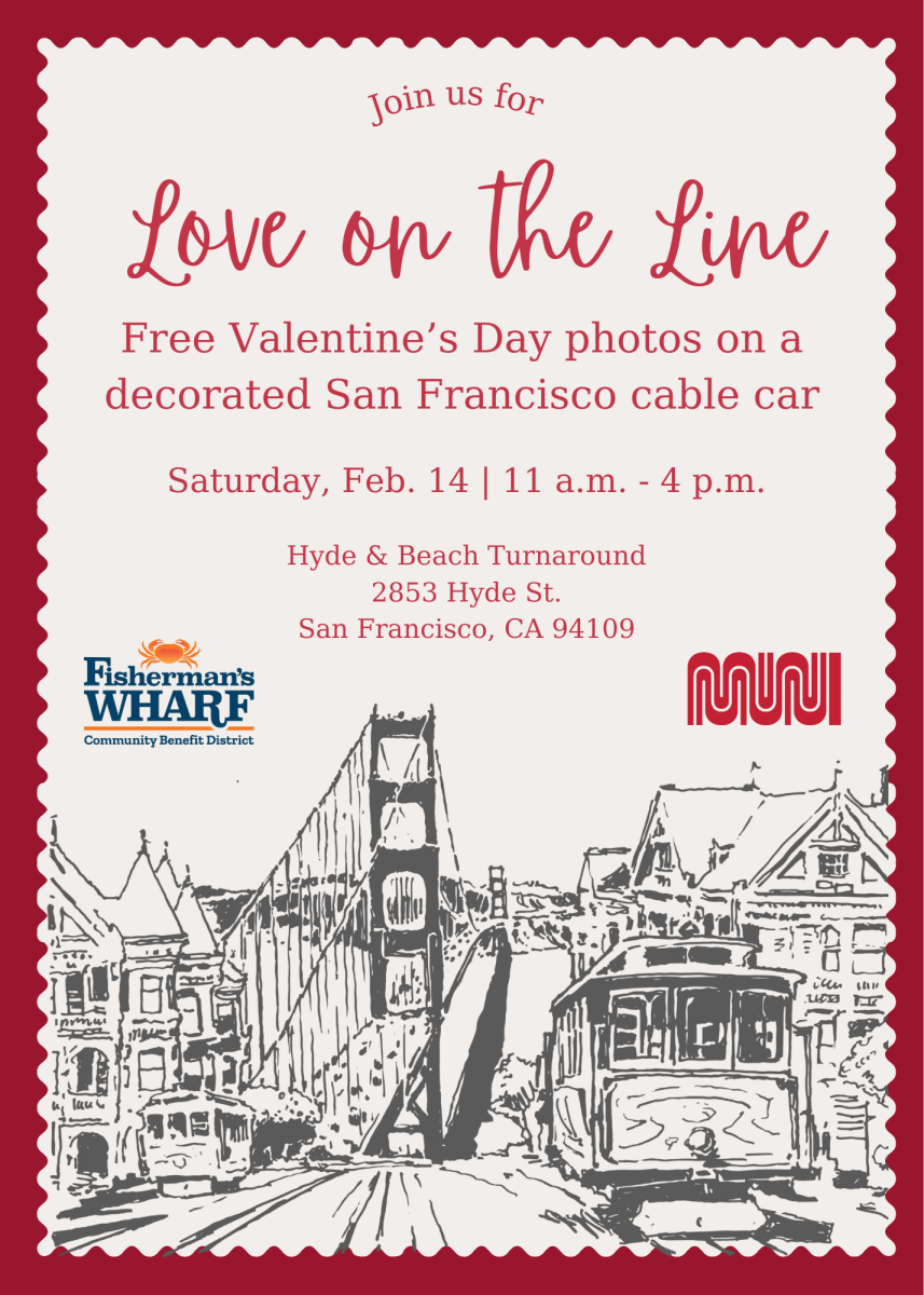 Love on the Line 2026 Flyer A flyer outlines the event details for the Love on the Line event. A sketch-style graphic depicts the Golden Gate Bridge and two cable cars.