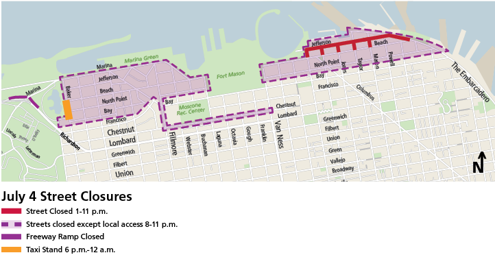Street Closures Map Map showing street closures during 2026 July 4th fireworks event