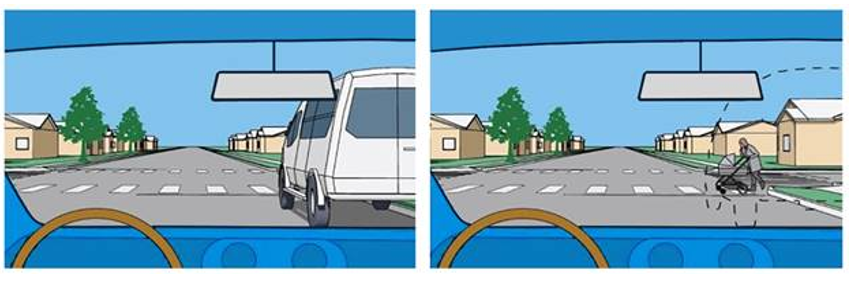 Daylighting Illustration Two side by side images showing a driver's view of a crosswalk with a van parked within 20 feet of a crosswalk, and another image of a driver point-of-view showing a person in the crosswalk if the van were not parked in the same area as image as the first.