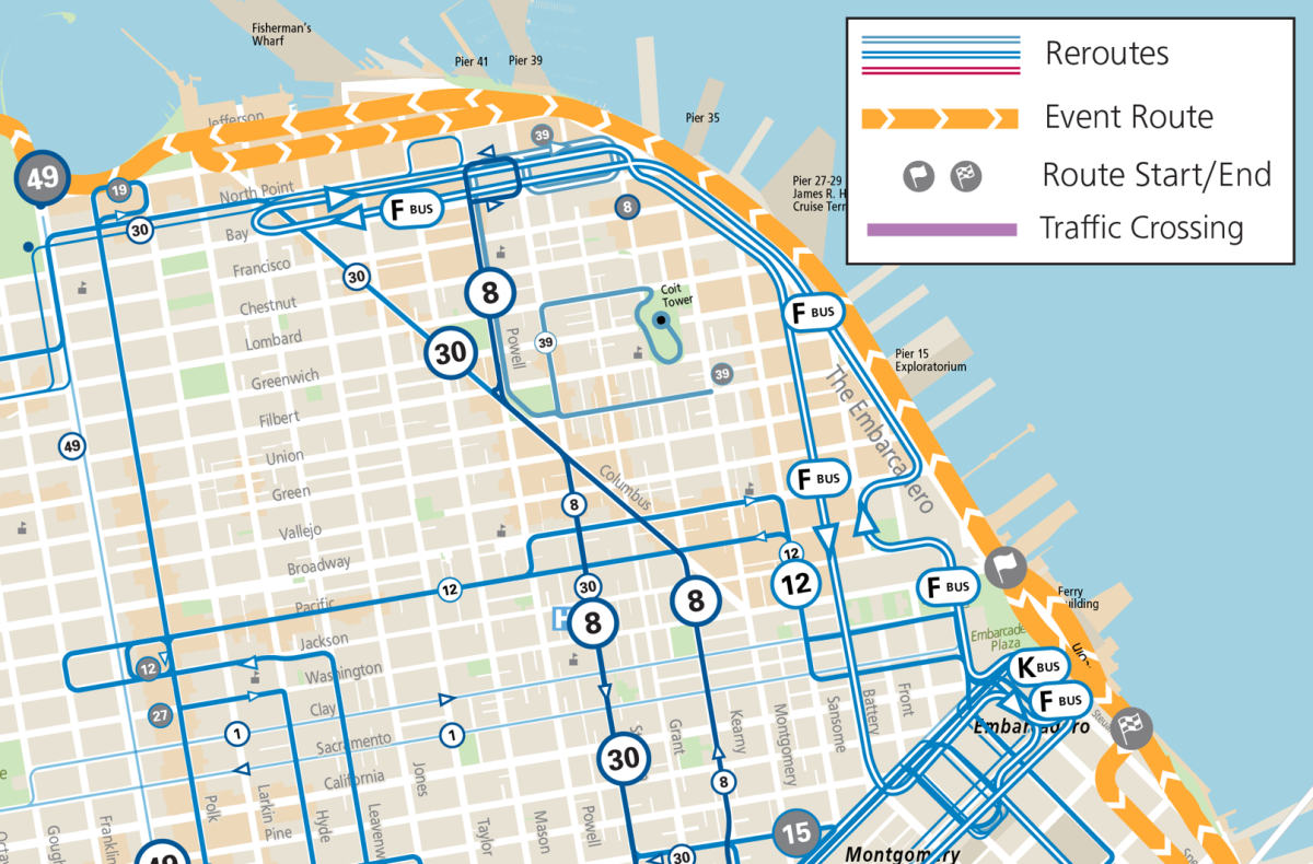 Map of SF Marathon route, street closures, and Muni service changes in the Financial District & Fisherman's Wharf areas