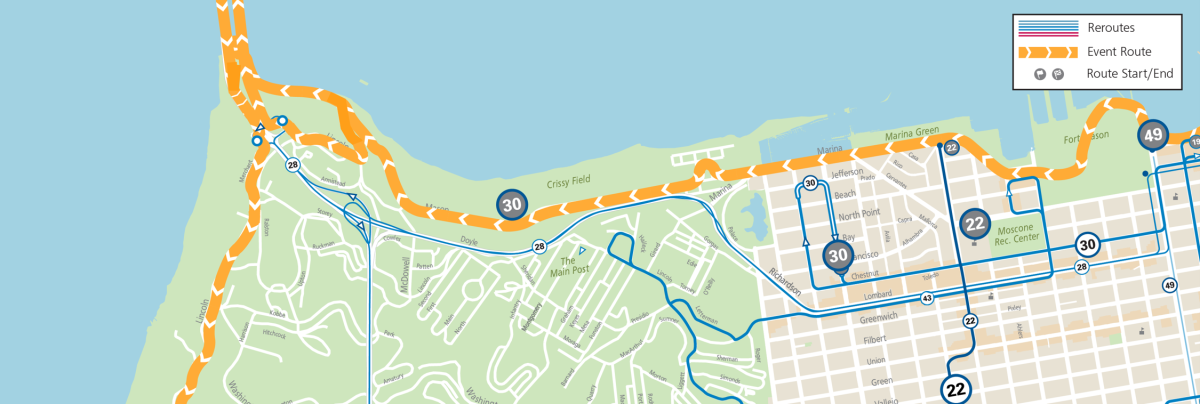 Map of SF Marathon route, street closures, and Muni service changes in the Marina, Presidio, & GGP areas