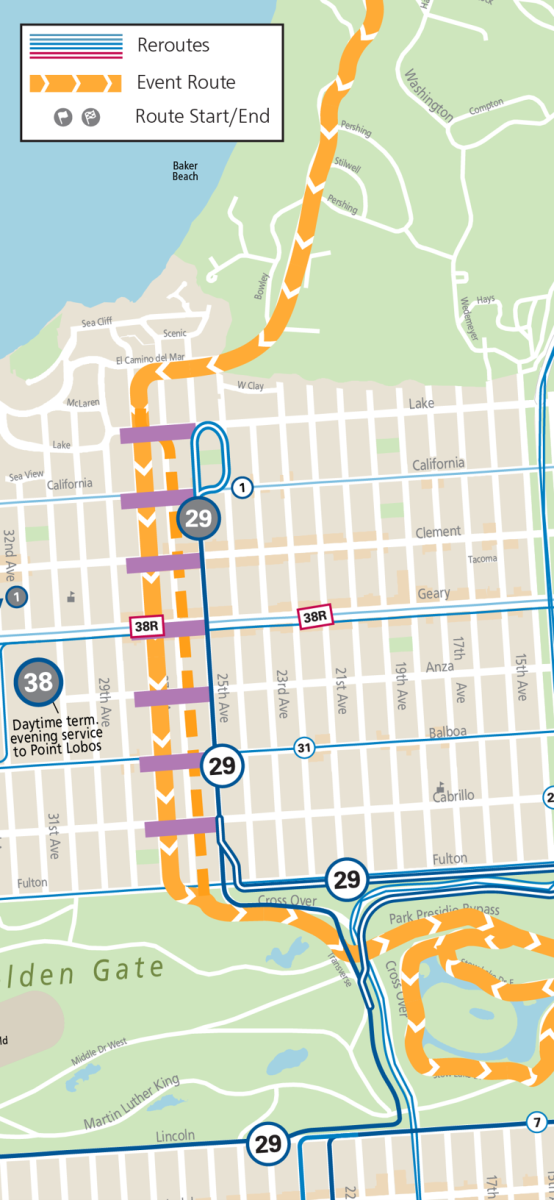 Map of SF Marathon route, street closures, and Muni service changes in the Presidio & Richmond areas