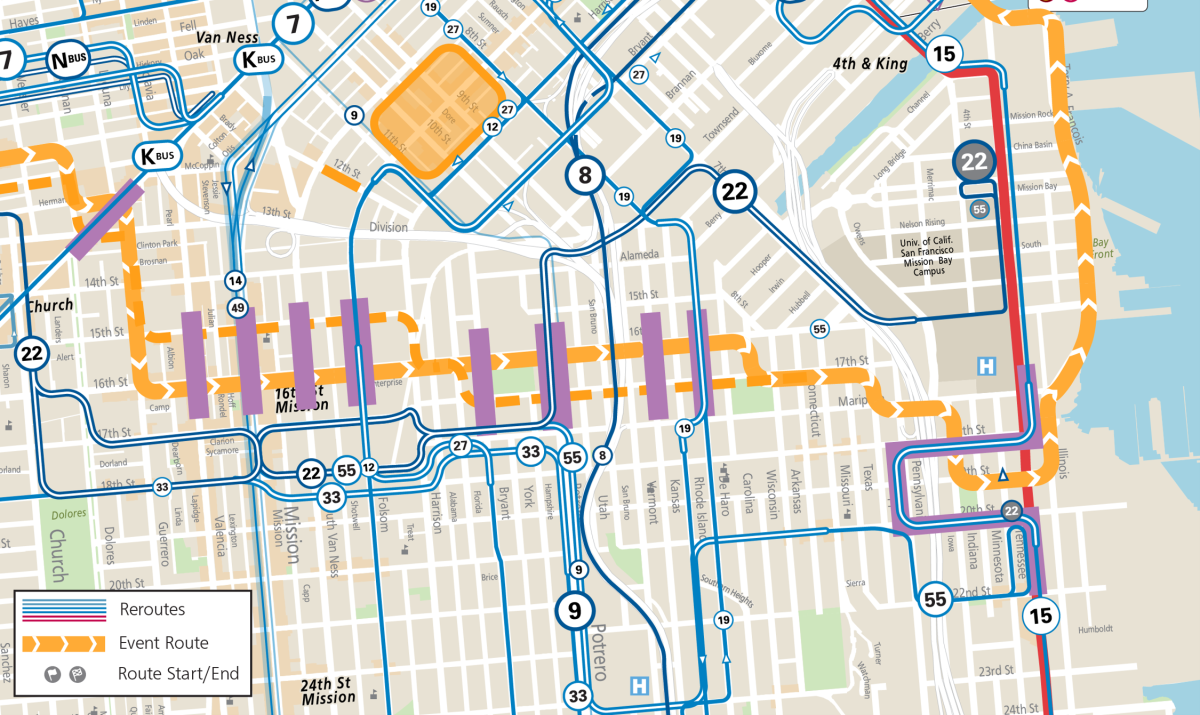 Map of SF Marathon route, street closures, and Muni service changes in the Mission, Potrero Hill, & Dogpatch areas