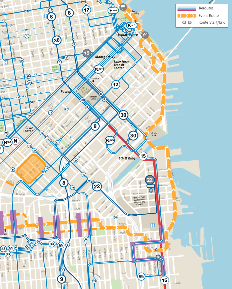Map of SF Marathon route, street closures, and Muni service changes in the Mission Bay, China Basin, & Rincon Hill areas