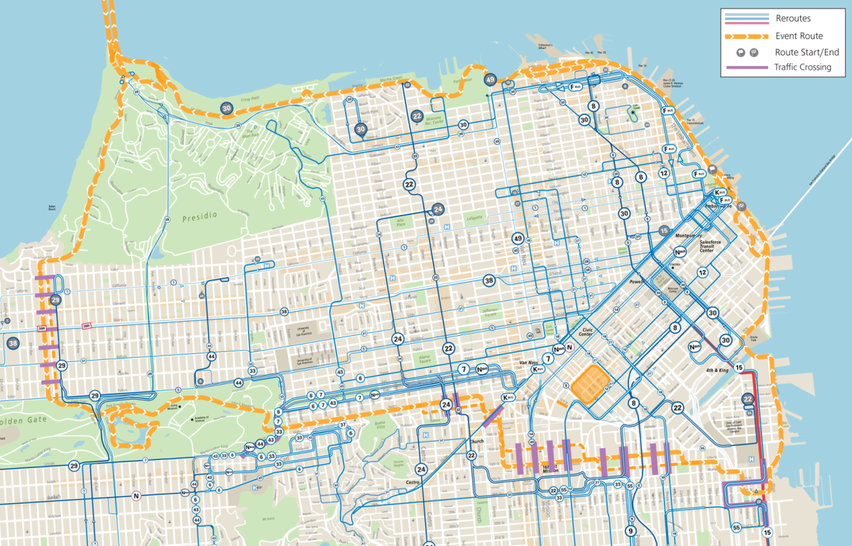 Map of SF Marathon route, street closures, and Muni service changes across the city