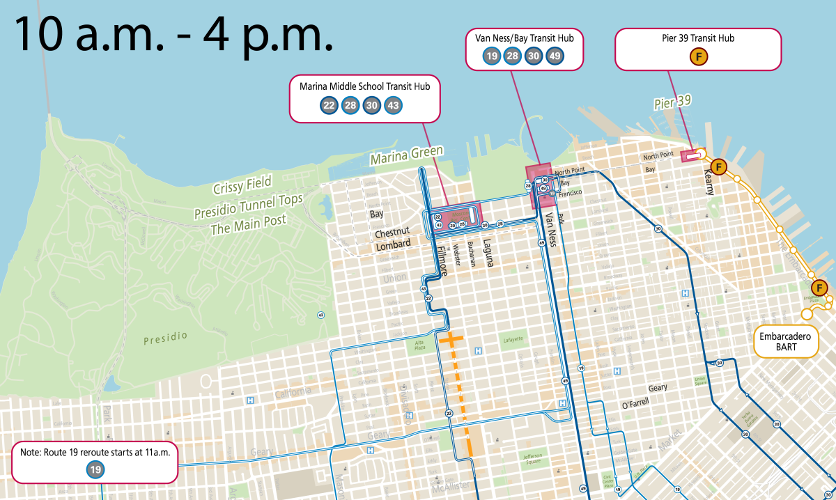 Map of Muni reroutes between 10 a.m. and 4 p.m.