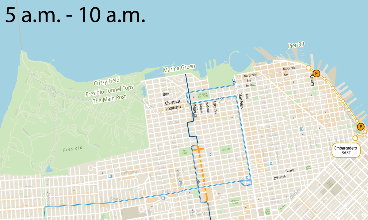 Map of Muni reroutes between 5 and 10 a.m.