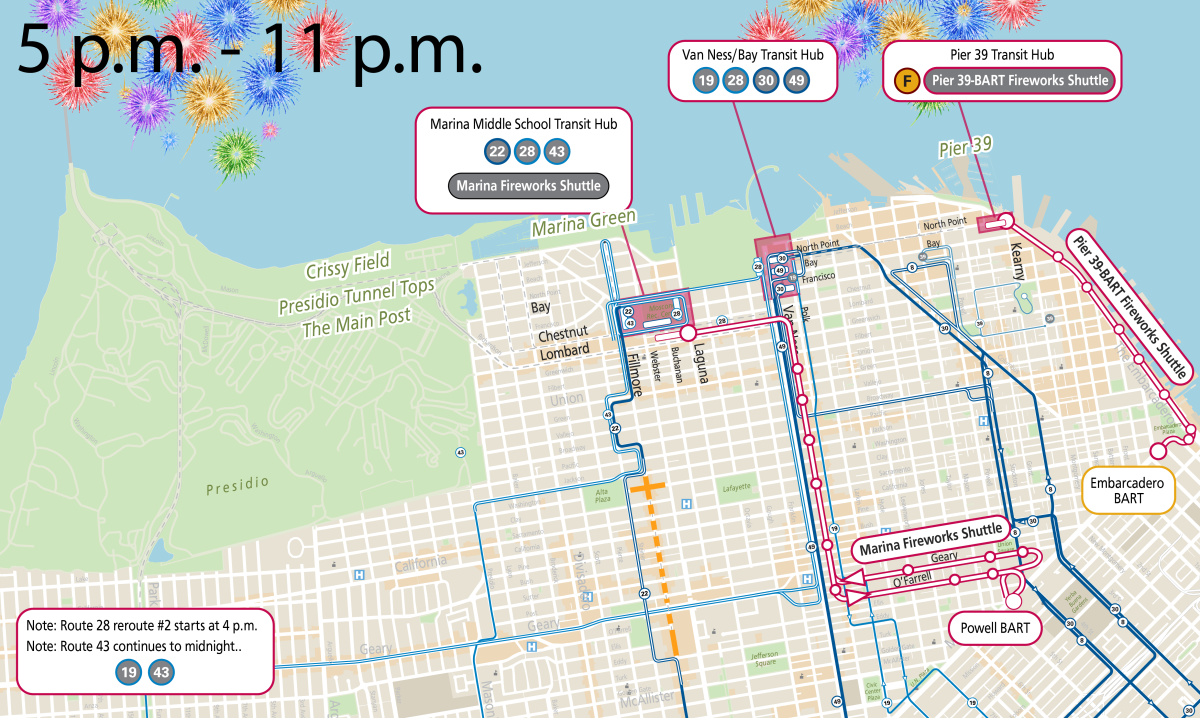Map of Muni service reroutes between 5 and 11 p.m.