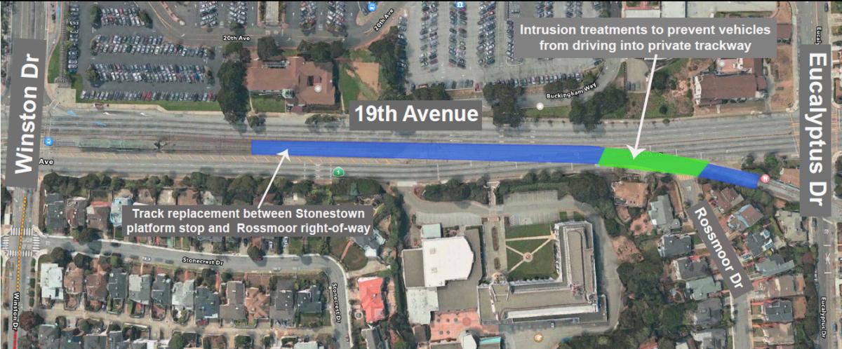 Aerial map of 19th Avenue light rail trackway showing replacement section between Stonestown and Rossmoor with intrusion treatment markings.