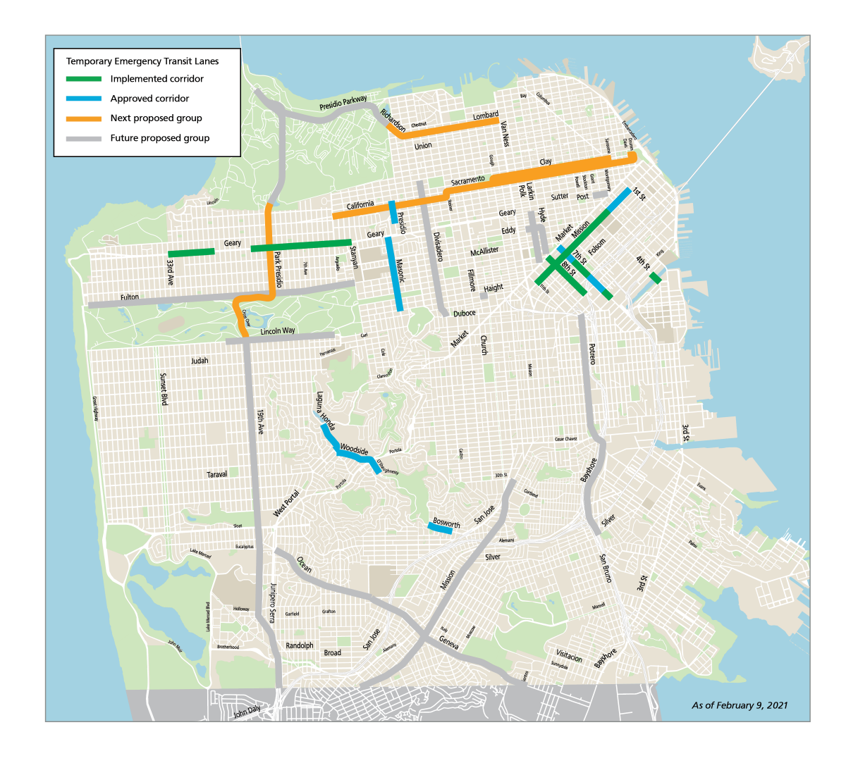map showing corridors of proposed and implemented temporary emergency transit lanes