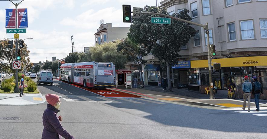 Rendering of Geary Boulevard at 20th Avenue showing new transit lanes and bus stop relocations.
