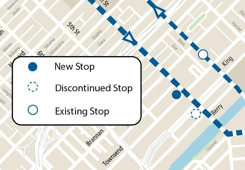 Map showing new stop locations for the 15 Bayview Hunters Point Express in the 4th & King area