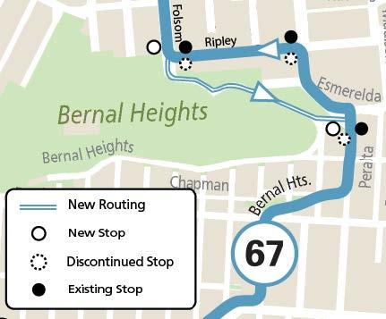 Map of 67 Bernal Heights route change and stop additions