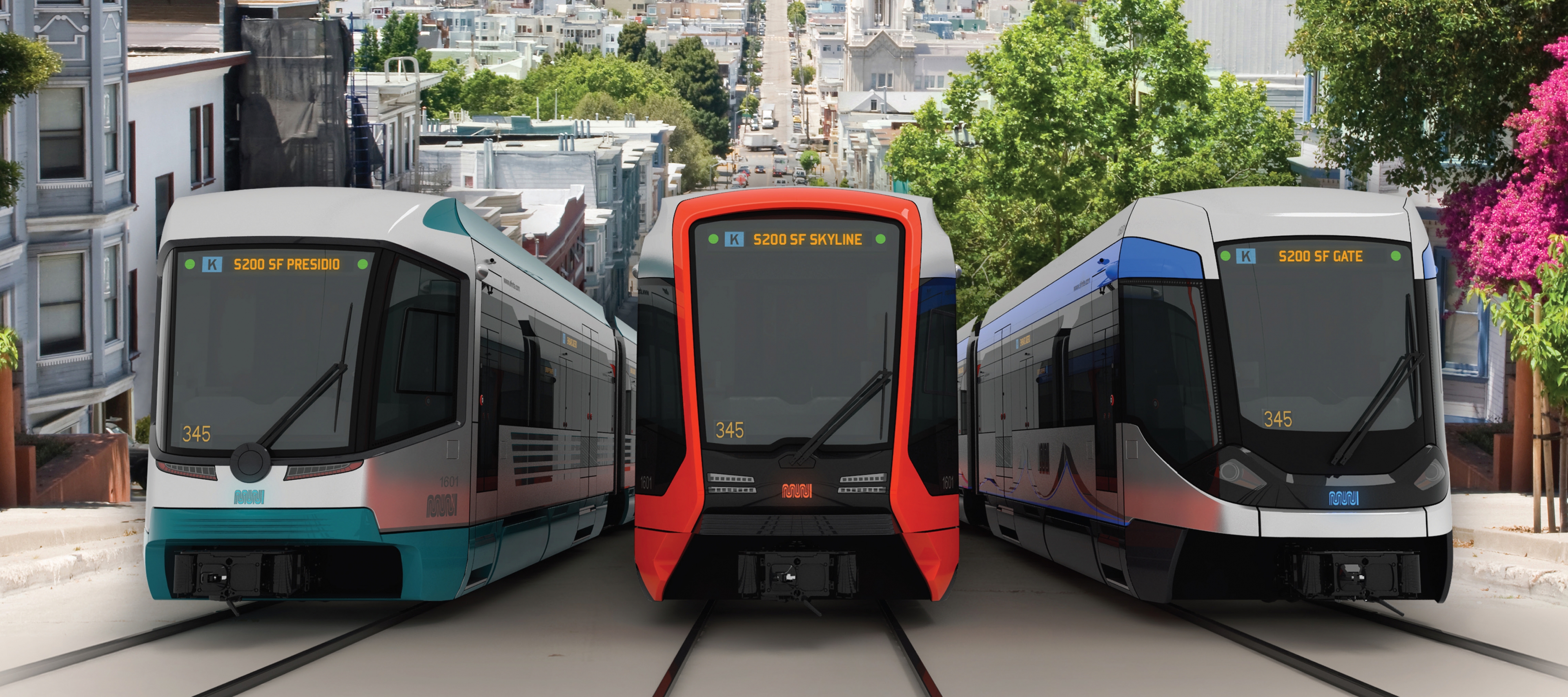 Renderings of three potential future Muni train designs