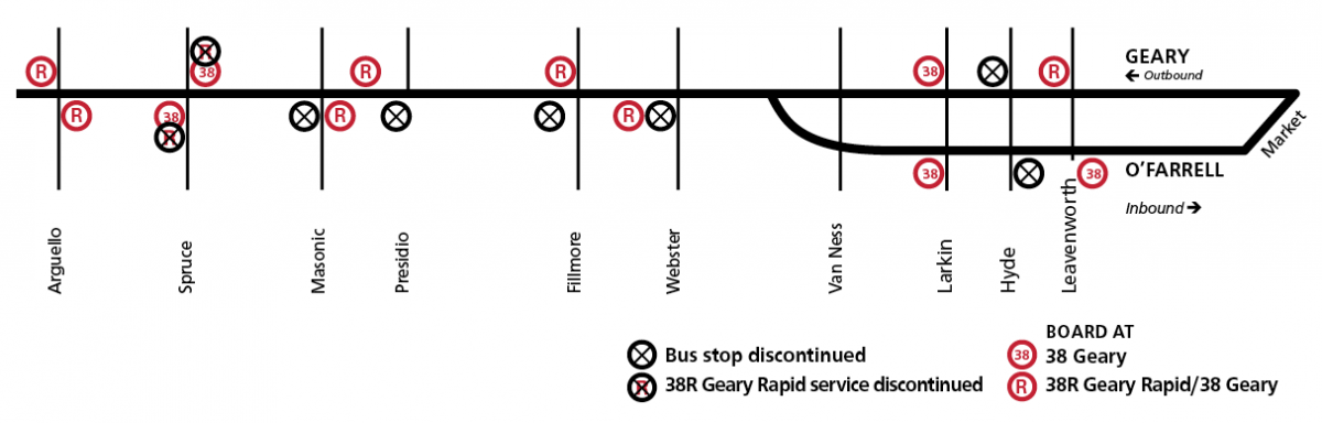 Schematic representing bus stop changes for Geary Rapid Project.
