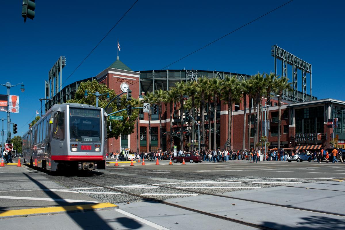 The T Third train rolls past AT&T Park.