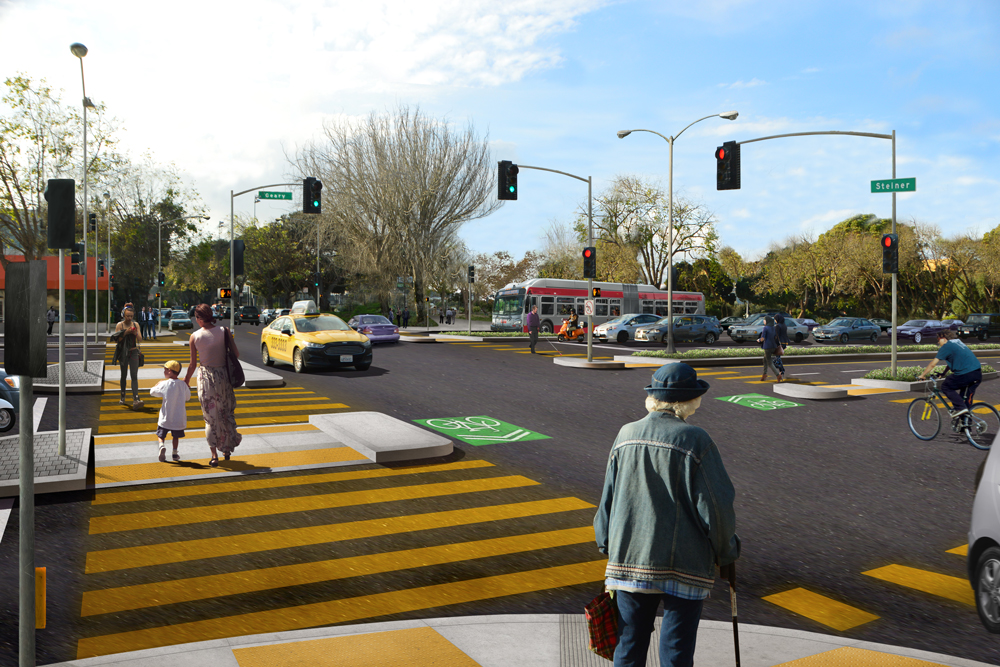 Rendering shows proposed street-level crossings at Geary and Steiner. 