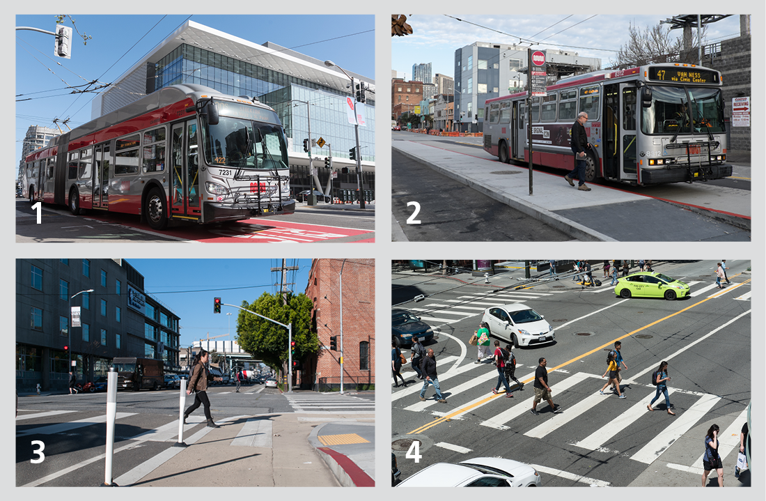 Photo of phase 1 project features: improved transit-only lane, bus boarding islands, painted safety zones, upgraded crosswalks