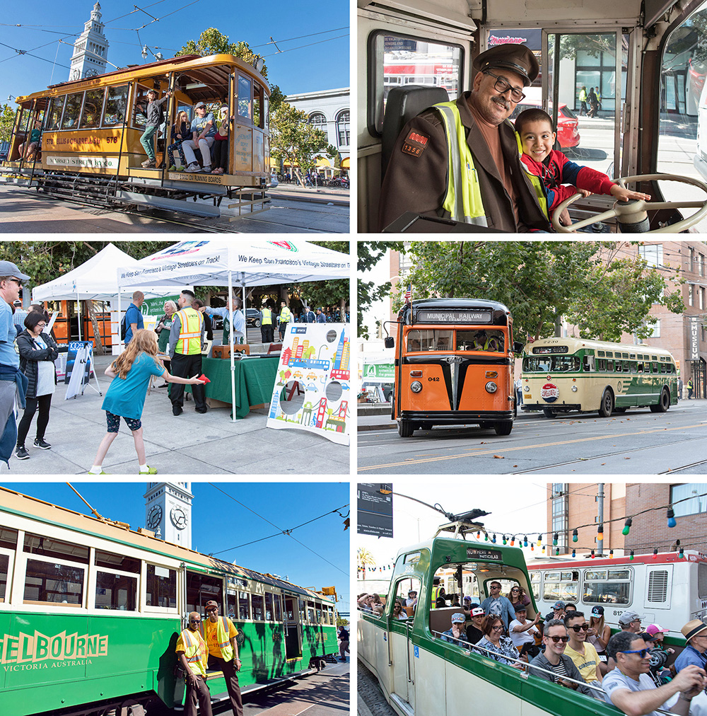 A collage of events and special streetcars and buses at Muni Heritage Weekend in San Francisco.