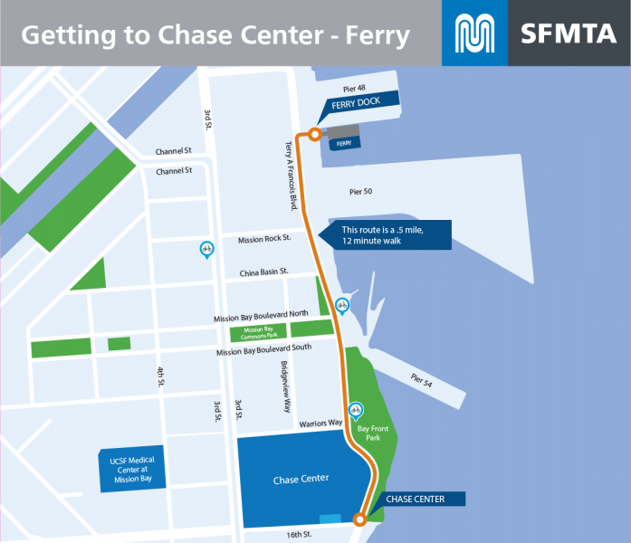 Map of Pier 48 to Chase walking route