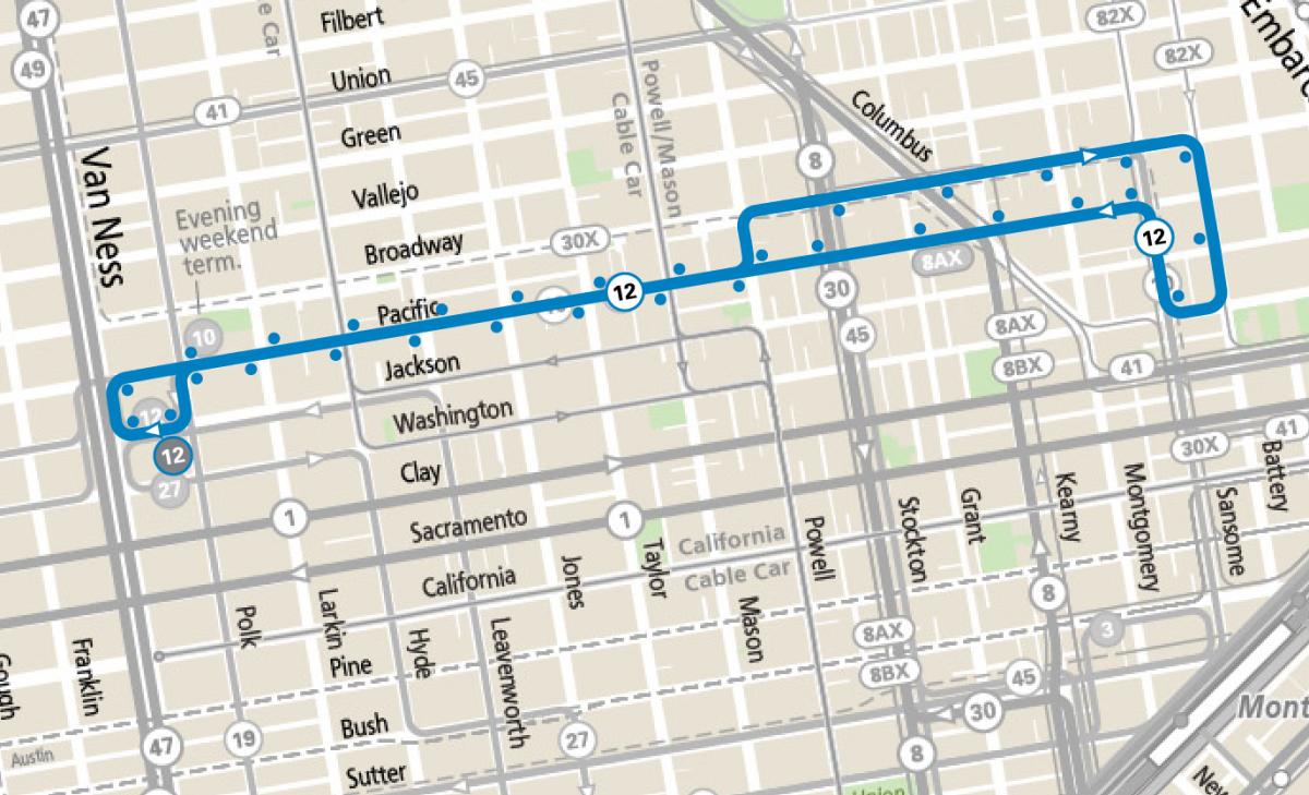 Map of the 12 Folsom/Pacific route operating between the Financial District and Nob Hill, between Battery and Van Ness