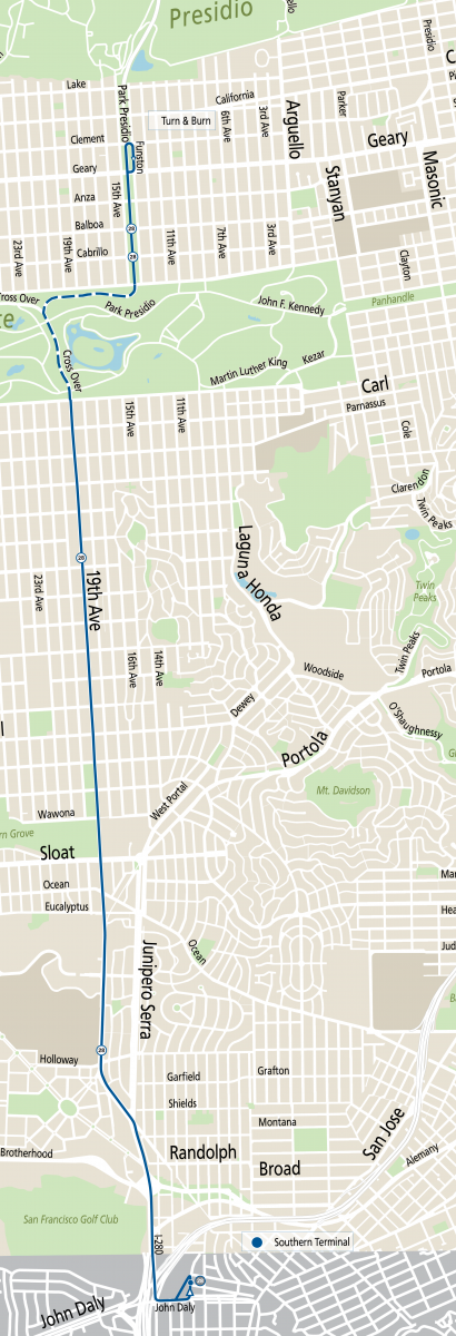 Map of 28 19th Avenue operating between Daly City BART and the Inner Richmond