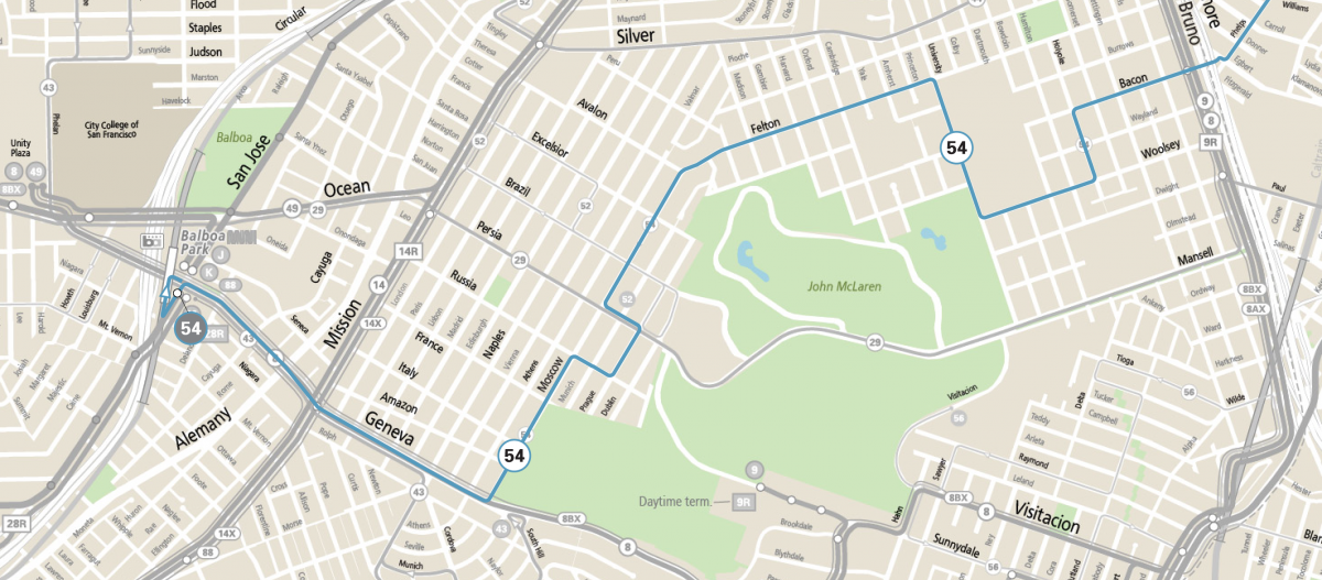 Map showing the 54 Felton route in the Excelsior and Outer Mission neighborhoods