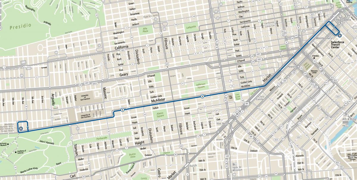 Map of 5 Fulton service between the Salesforce Transit Center and the Inner Richmond