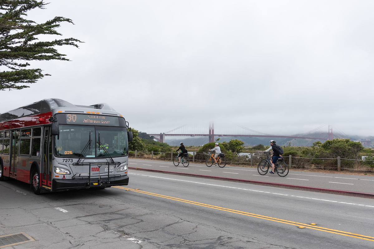 30 Stockton bus in service with Golden Gate Bridge in the background