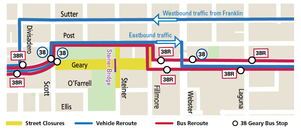 Map of reroutes and bus stop changes during the bridge removal work