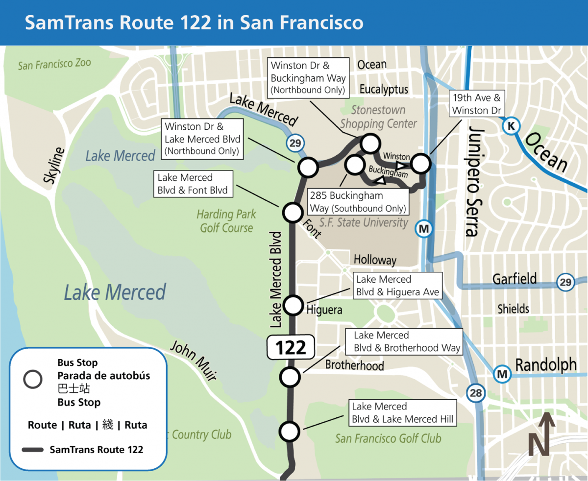 Map entitled SamTrans Route 122 in San Francisco. Eight bus stops are identified: Lake Merced & Lake Merced Hill, Lake Merced Boulevard and Brotherhood Way, Lake Merced Boulevard and Higuera Avenue, Lake Merced Boulevard and Font Boulevard, Winston Drive and Lake Merced Boulevard (northbound only), Winston Drive and Buckingham Way (Northbound only), 19th Avenue and Winston Drive, 285 Buckingham Way (southbound only)