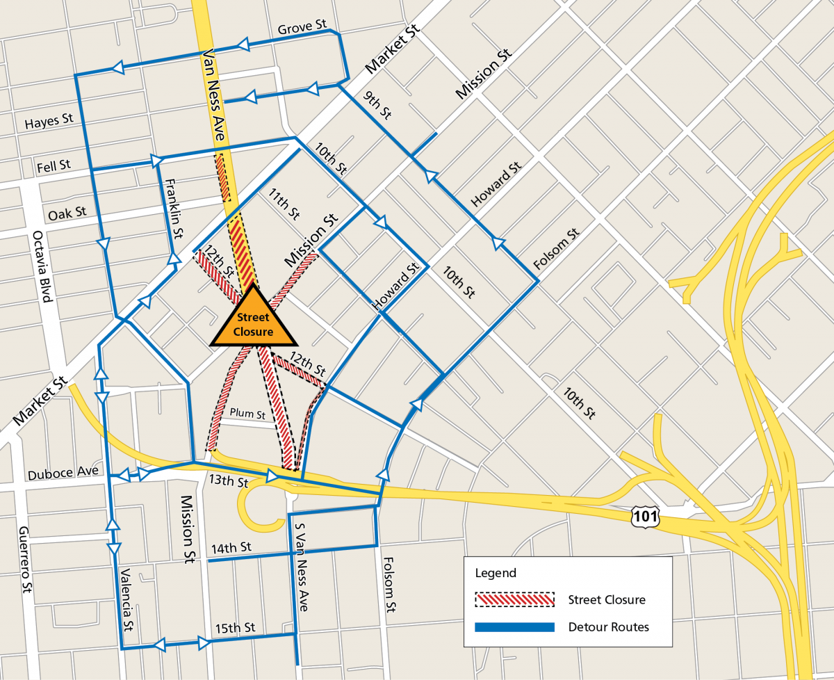 Map of Van Ness Avenue and Mission Street intersection showing detours and street closures. Streets closed to traffic include South Van Ness Avenue south of Market, Mission Street one block west of 11th Street, 12th Street north of Howard, South Van Ness north of Highway 101, Highway 101/Mission Street highway exit, and 12th Street south of Market will all be closed to traffic. Detour streets include Howard Street, Folsom Street, 10th Street, 9th Street, 13th Street, Duboce Avenue, Gough Street, Franklin Street, Fell Street, Hayes Street and Grove Street can all help you avoid the closed intersection.