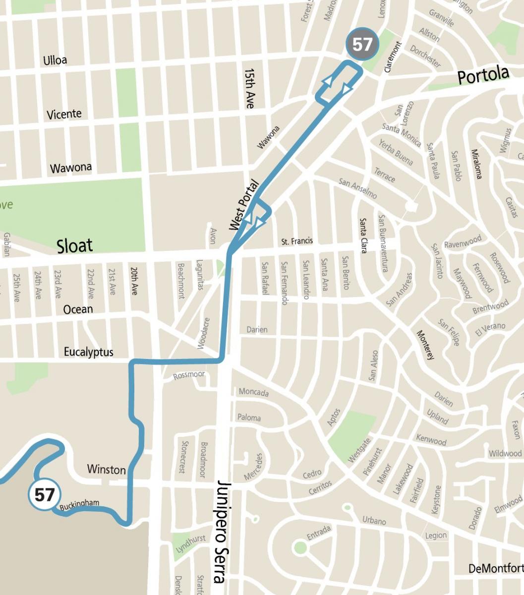 57 Parkmerced Route Map showing extension to West Portal station