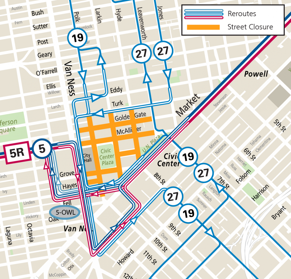 Map of Muni reroutes during Pride Festival 2022