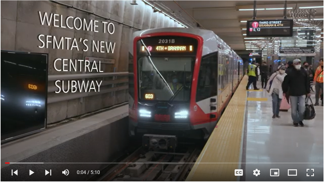 Image of T Third train in station with screen text reading Welcome to SFMTA's New Central Subway.