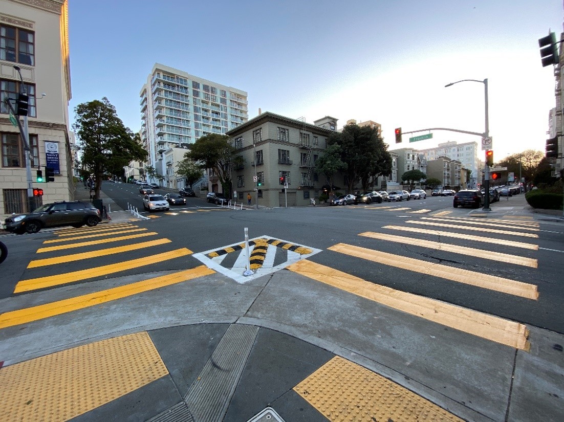 A city crosswalk with enhanced safety designs.