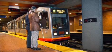 Blind Passenger waits to board an LRV at the Underground Muni Metro Castro Station