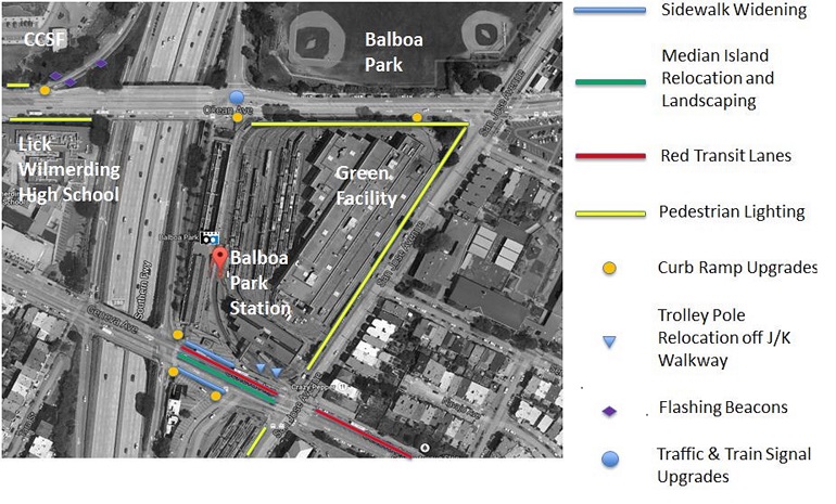 Aerial photograph of the Balboa Park Station and surrounding streets, including the 280 fwy, with an overlay of colorful markings showing the planned project improvements.