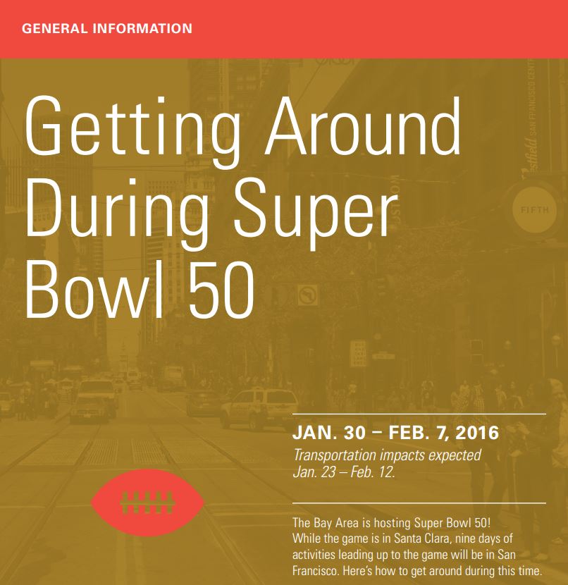 Graphic image from the front of the SFMTA's "Getting Around During Super Bowl 50" brochure in red, gold and white.
