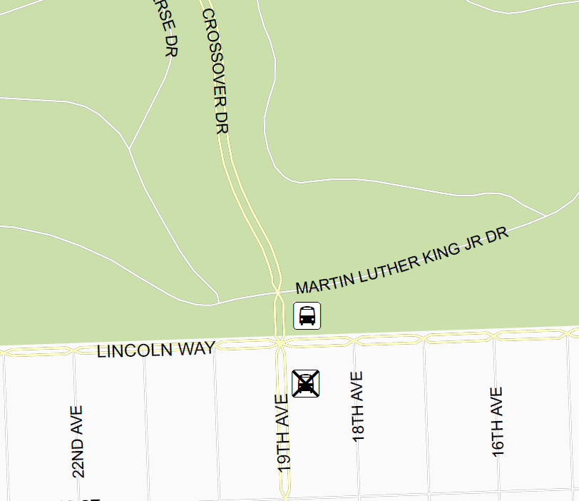 Map of Lincoln Way at Crossover Drive with the old 29 Sunset bus stop on 19th Ave., south of Lincoln Way, crossed out and the new stop on Crossover, north of Lincoln indicated by a white square with a black bus in the center 
