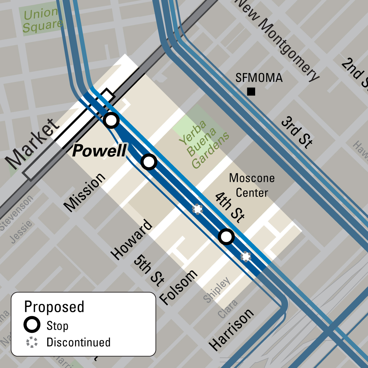 Map showing proposed stop changes combining the Howard and Folsom stops into one stop at the future central subway station