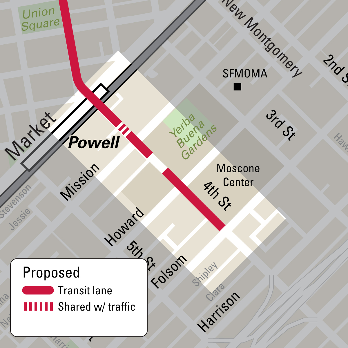 Map of proposed transit lane from Market to Folsom on 4th Street