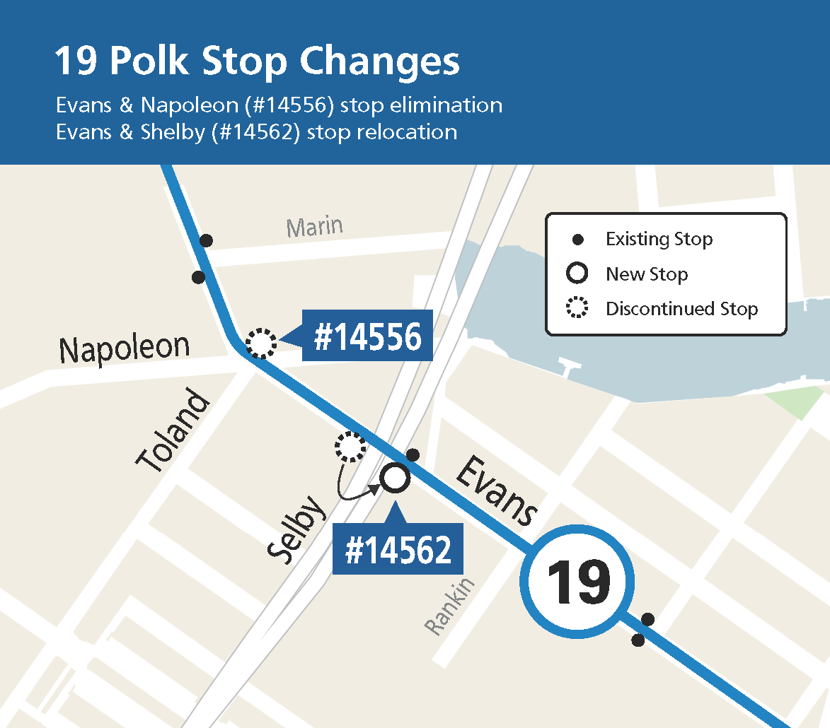 Map showing a stop relocation and a permanent stop removal for the 19 Polk Route