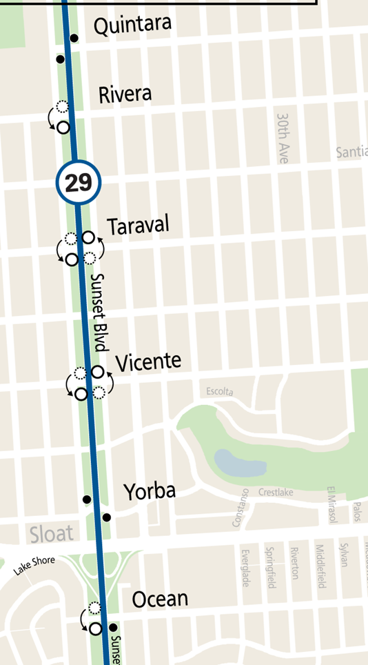 Map showing stop relocations along Sunset Boulevard for the 29 Sunset, effective Feb. 1, 2025