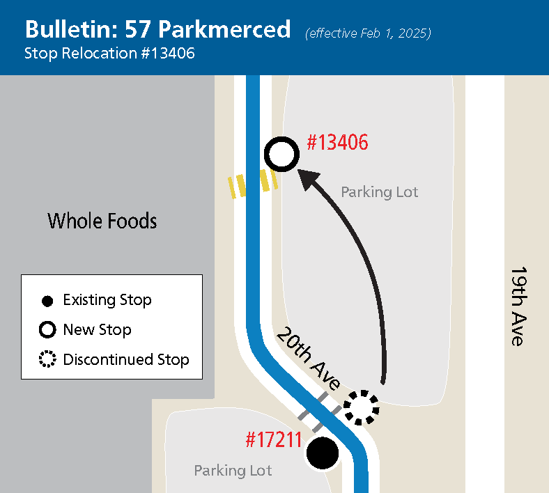 Map showing stop relocation from south of crosswalk to north, across from Whole Foods