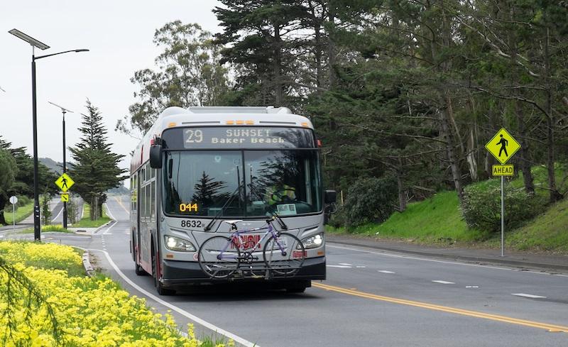 A Muni bus on the 29 Sunset route on the recently-redesigned Mansell Street in McLaren Park.